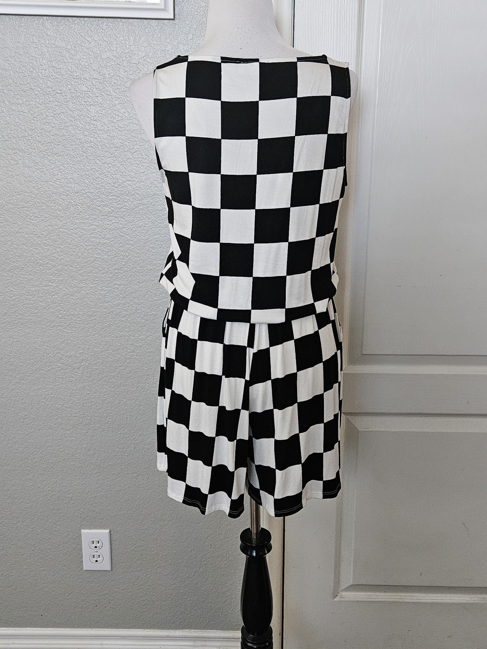 Checkerboard Drawstring Romper - Black/White - Picture 4 of 5